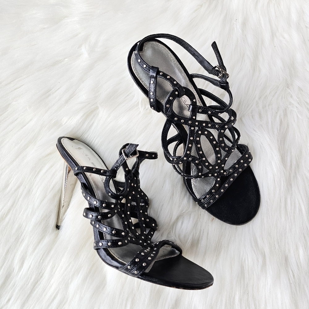 Y2K Via Spiga Black Studded Strappy Heels Leather Italy Size 6M